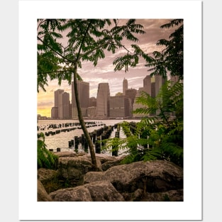 Manhattan Skyline Pink Sunset Brooklyn NYC Posters and Art